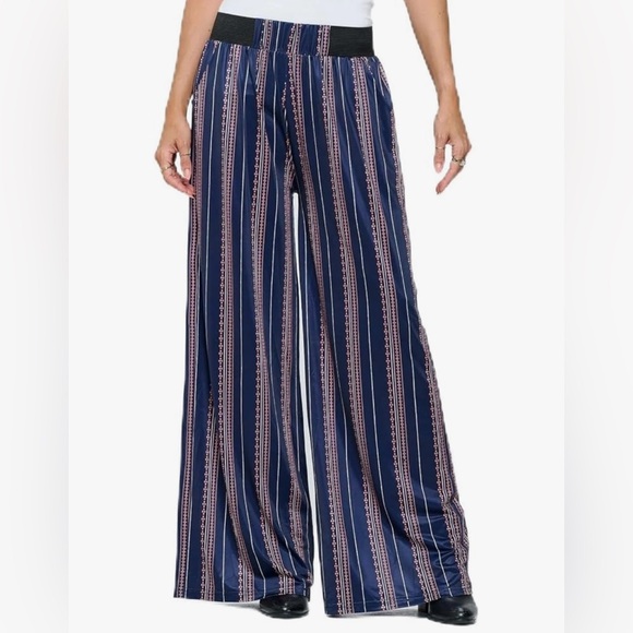 Elegant Navy Striped Wide-Leg Pants - Picture 1 of 1